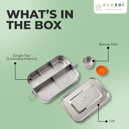 ecozoi 5 Compartment Stainless Steel Bento Lunch Box for Adults & Kids, 50 oz Leakproof Metal Meal Prep Container with Bonus Sauce Cup, BPA Free Eco Friendly, Dishwasher Safe for School, Work, Office - size: 5 Compartment 50 Oz