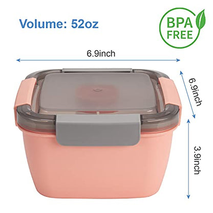 Freshmage Salad Lunch Containers To Go, 2 Pack 52-oz Bowls with 3 Compartments, Dressing Containers for Toppings, Snacks - Pink & Green - color: Pink+Green