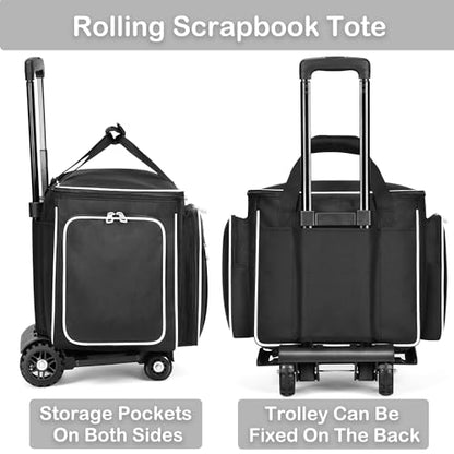 CAB55 Rolling Craft Bag, Tote Bag with Wheels for Women, Rolling Teacher Bag with Removable Folding Hand Truck (Black) - color: Black
