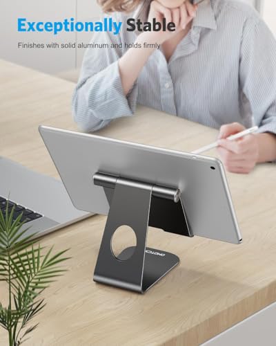 OMOTON T1 Adjustable Tablet Stand for Desk, Aluminum Holder for iPad Black | Solid Metal Build | Charging Cutout | Anti-Slip Silicone Pads | Multi-Angle Adjustable | Fits 3.5-12.9" | Holds Thick Cases - color: Black
