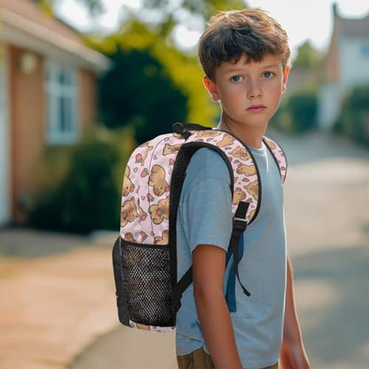Strawberry Capybara 17 Inch School Bag Set for Boys 4 Pieces Soft Daily Kids Backpack with Lunch Box, Pencil Pouch & Water Bottle Holder for Elementary Ages 6-12 - color: Strawberry Capybara Print