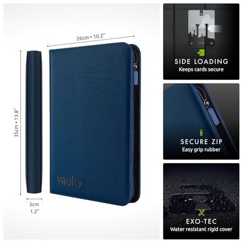 Vault X 9 Pocket Zip Trading Card Binder 360 Cards Exo-Tec (Blue) | Holds 360 standard-size TCG cards in 20 side-loading 9-pocket pages. Padded, water-resistant Exo-Tec cover. - color: Blue, size: 6.8cm x 9.7cm