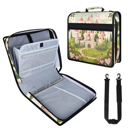 Castle Pink Zipper Binder, 3 D-Ring Expanding File Folder with Handle & Adjustable Shoulder Strap, 400 Sheets Capacity Multi-Pocket Organizer for 13 Inch Laptop - color: Castle Pink