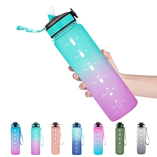 EYQ 32 oz Water Bottle with Time Marker, Carry Strap, Leak-Proof Tritan BPA-Free, Ensure You Drink Enough Water for Fitness, Gym, Camping, Outdoor Sports - color: 5.Green/Purple Gradient