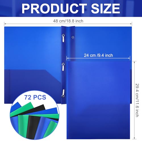 Cholemy 72 Packs Pocket Folders with Prongs Heavy Duty Plastic Folder with Business Card Slot 3 Prong Fasteners for School Office (Black,Blue,Green) - color: Black, Blue, Green