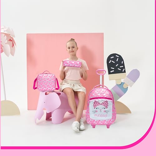 Rolling Backpack for Girls Rolling Backpack with Wheels Pink Backpacks for Girls Elementary Primary Students with Lunch Bag - color: Pink Cat