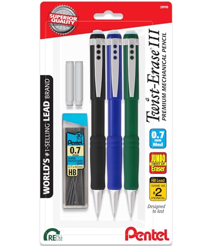 Pentel Twist Erase III Mechanical Pencil 0.7mm - Pre-Loaded Super Hi-Polymer HB Lead - Assorted Color Barrels - Pack of 3 + Lead & Eraser Refills