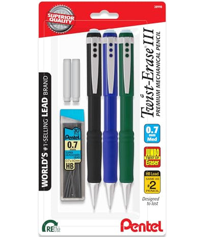 Pentel Twist Erase III Mechanical Pencil 0.7mm - Pre-Loaded Super Hi-Polymer HB Lead - Assorted Color Barrels - Pack of 3 + Lead & Eraser Refills