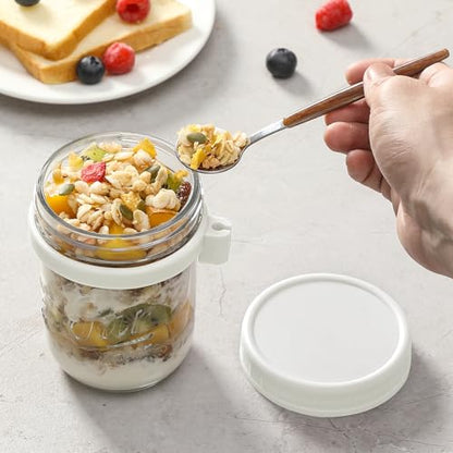 LANDNEOO 4 Pack Overnight Oats Containers with Lids and Spoons, 16 oz Glass Mason Jars with Airtight Lids, Overnight Oats Jars for Milk, Cereal, Fruit-White - color: White