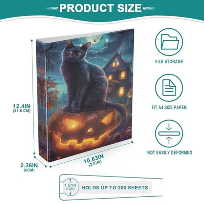 Halloween Cat Pumpkin Hard Cover Ring Binder 1.5 Inch 3 Ring, Printed Ring Binder with Metal Non-Slip Clip Clear Pocket Water Resistant Round Ring Binders for Recipe Budget Office - color: Halloween Cat Pumpkin