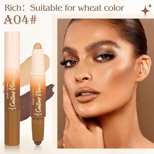 Contour Highlighter Stick，2-in-1 Dual-Ended Cream Bronzer & Highlighter Sticks Pen for Face Body Contouring Makeup- Buildable，Waterproof, Easy to Apply Suitable for Beginners，04Nude Brown+Nude - color: A04#Rich