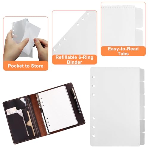 2 Pack A6 Pocket Dividers for 6 Ring Binder with 6 Tabs, Clear Side Open Organizer Sleeves for Cash, Cards, Photos - size: A6