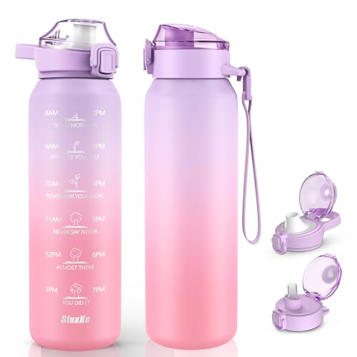 SLUXKE Stainless Steel Insulated Water Bottles 17oz with Handle, Double Wall Insulated Bottle with Time Marker BPA Free, 500ml Metal Water Flask for Outdoor Working School PURPLE PINK - color: PURPLE PINK, size: 17 Ounces