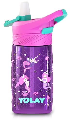 YOLAY 15oz Kids Water Bottle For School Boys and Girls, Durable Toddler Water Bottle with Straw Lid Leak-Proof, Spill Proof, Easy Clean and Dishwasher Safe with Re-Usable and BPA Free - Mermaid - color: Mermaid