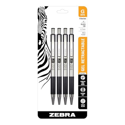 Zebra Pen STEEL G-301 Retractable Gel Pen, Black Ink, 0.7mm, 4-Pack - color: Black C