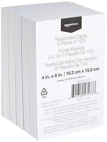 Amazon Basics Ruled Lined Index Cards for Notes, Studying, Flash Cards, White, 4" x 6", 500 Count (5 Packs of 100) - size: 100 Count (Pack of 5), style: Ruled, 4x6, 500 Count