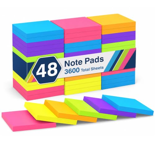 Sticky Notes 3x3 Inch (48 Pads) Bright Colors Self-Stick Memo Pads, Thick Paper Easy to Stick & Remove
