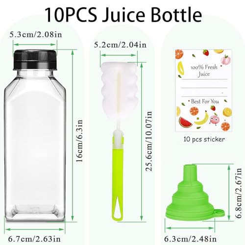 Plastic Juice Bottles with Caps 10pcs 12oz, Reusable Juice Containers with Black Tamper-Evident Lids, Clear Bottles for Juicing, Milk, Smoothie Bottle, Drinking with 10 Labels, Brush and Funnel