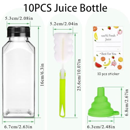 Plastic Juice Bottles with Caps 10pcs 12oz, Reusable Juice Containers with Black Tamper-Evident Lids, Clear Bottles for Juicing, Milk, Smoothie Bottle, Drinking with 10 Labels, Brush and Funnel