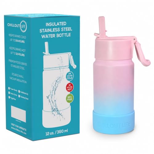 CHILLOUT LIFE 12oz Kids Insulated Stainless Steel Water Bottle with Leak Proof Straw Lid & 144 Stickers - color: Cotton Candy, style: 12 oz