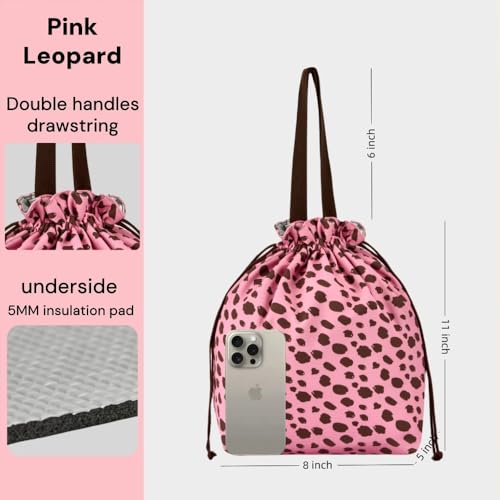 Reusable Lunch Bag,Canvas Drawstring Lunch Bag, Lunch Tote for Work, School, or Picnics, Lightweight & Waterproof, Keeps Food Fresh All Day(Pink Leopard Print) - color: Pink Leopard Print