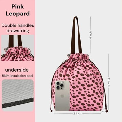 Reusable Lunch Bag,Canvas Drawstring Lunch Bag, Lunch Tote for Work, School, or Picnics, Lightweight & Waterproof, Keeps Food Fresh All Day(Pink Leopard Print) - color: Pink Leopard Print