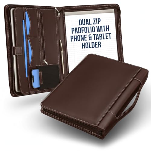 STYLIO Walnut Zipper Padfolio Portfolio Binder w/Carrying Handle | Organizer for Documents, iPad, Tablet, Notebook | Business Leather Binder for Men Women (No 3-Ring Binder) - color: Walnut, style: Executive Zip-Up Portfolio w/ Carrying Handle