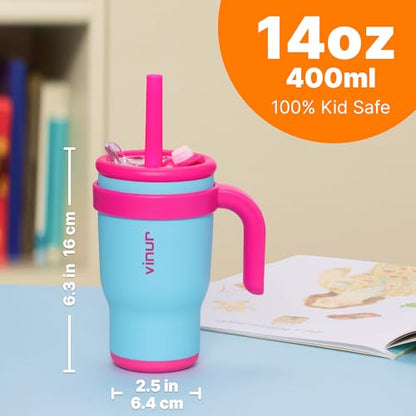 VINUR Kids Tumbler with Handle and Straw Lid-14 oz Stainless Steel Vacuum Insulated Leak Proof Travel Tumbler with Rubber Base-Gifts for Girls, Sky Blue - color: Sky Blue, size: 14 Ounces