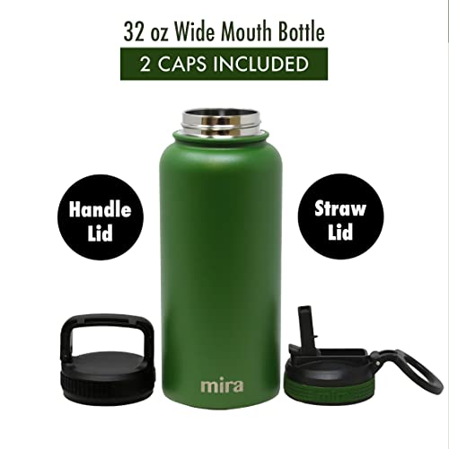 MIRA 32 oz Insulated Water Bottle - Stainless Steel Sports Flask with 2 Lids (Straw & Handle) - Cold Drink Thermo - Olive Green - color: Solid - Olive Green