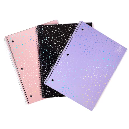 Yoobi College Ruled 8 x 10.5” Spiral Notebook Set – 3-Pack of 1 Subject Notebooks, Pink, Purple & Black Celestial Patterns – 150 Perforated 3-Hole Punched Sheets - color: Holographic Constellation, size: Pack of 3