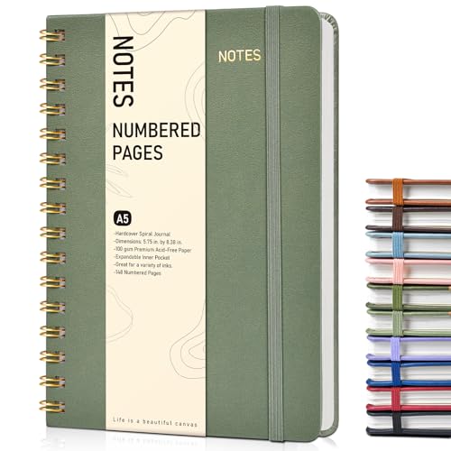 Lined Spiral Journal Notebook, A5 Hardcover Spiral Journals for Women Men, 150 Numbered Pages Spiral Bound Notebook, 100 GSM College Ruled Notebooks for Writing Note Taking 5.75" x 8.38", Sage Green - color: Sage Green, size: Line