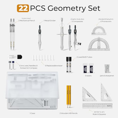 Nicpro 22 PCS Compass Geometry Tools with Case, Drafting Tools Geometry Set with Swing Arm Protractor, Rulers, Metal Compass, Square Set, Mechanical Pencil, Back to School Supplies for Students