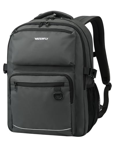 WATERFLY College Backpack for Students: 25L School Backpack with 15.6-16" Laptop Anti-shock Compartment & Trolley Sleeve, Bookbag for Women Men, Water-Resistant Lightweight Daypack for Travel Work - color: Grey