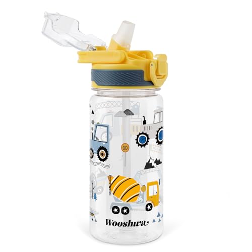 Kids Water Bottle for School, 16 Oz Plastic Straw Water Bottle with Silicone Spout and Leakproof Cover, Dishwasher Safe (Excavator) - color: Excavator, size: 16 Ounces