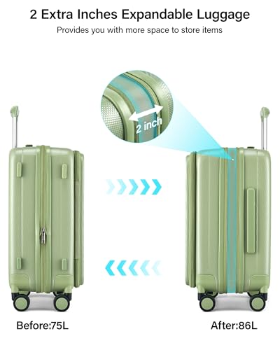 Hanke 24 Inch Expandable Luggage Top Opening Checked Bag Luggage Hard Shell Suitcases with Wheels Lightweight Travel Luggage Medium Suitcase with Lock for Woman Men-Bamboo Green - color: Bamboo Green, size: 24 Inch Expandable