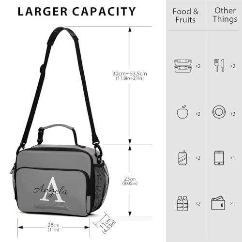 Custom Student Lunch Bag for Boys Girls Gray Solid Color Personalized Name Lunch Box Insulated Cooler Bag for School Picnic Office - color: Multi27