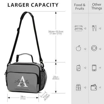 Custom Student Lunch Bag for Boys Girls Gray Solid Color Personalized Name Lunch Box Insulated Cooler Bag for School Picnic Office - color: Multi27