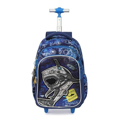 Cartoon Rolling Backpack for Boys Girls, Kids 5 Pcs Wheeled Backpack, Travel Backpack for Elementary Students (Shark Blue) - color: Shark Blue