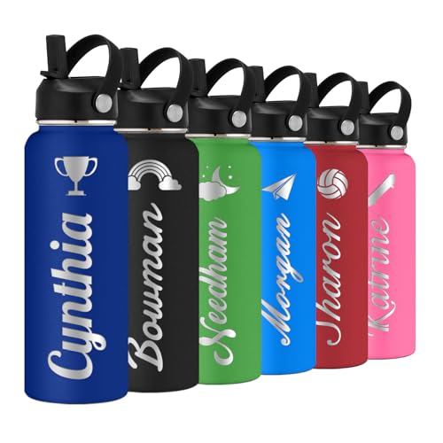 Personalized Water Bottle with Straw Lid for School,Custom Engraved Insulated Stainless Steel Sports Water Bottle with Name for Girls Boys Women Men(24oz/32oz/40oz,12 Colors) - color: Navy, style: Sports