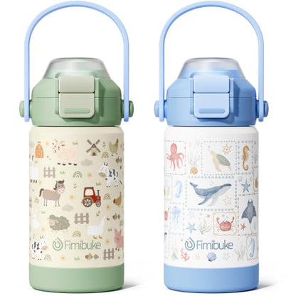 Fimibuke 14oz Kids Insulated Water Bottle with 2-in-1 Straw & Spout Lid | Leak Proof 18/8 Stainless Steel Vacuum Tumbler with Pop-Open Lid, BPA-Free Kids Cup for Travel School Girl Boy Toddler 2 Pack - color: Farm & Marine Animals, size: 14 Ounces