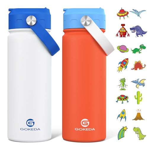 GoKEDA 18oz Kids Water Bottle, 2 Pack Stainless Steel Straw Cup - color: Blue White+Blue Orange