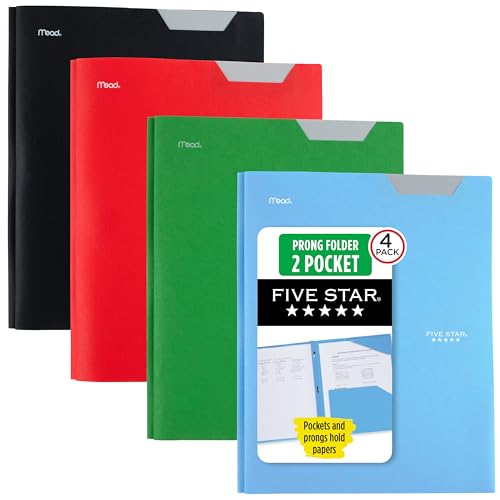 Five Star 2-Pocket Plastic Folder with Stay-Put Tabs and Prong Fasteners, Holds 8.5" x 11" Paper, Assorted Colors, 4 Pack (340300A) - color: Black, Fire Red, Forest Green, Pacific Blue, size: 4 Pack