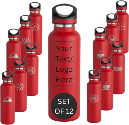 CUSTOM PRINTED 20 oz Vacuum Insulated Water Bottles Set of 12, Personalized Stainless Steel Water Bottle with Logo, Double Wall Copper Lined Insulated Bottle, Leak Resistant Narrow Mouth (Red) - color: Red