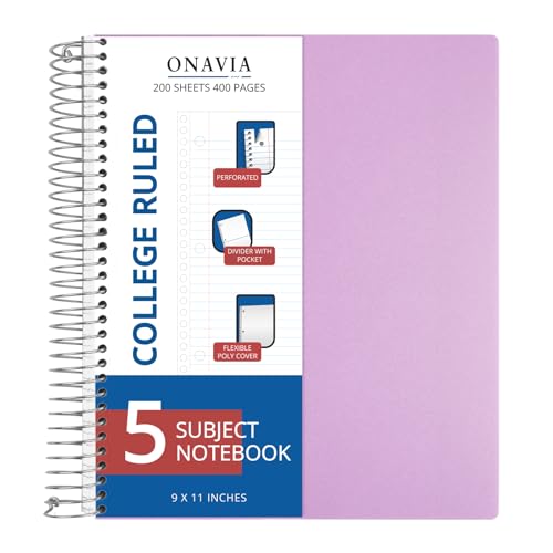 ONAVIA 5 Subject Spiral Notebook College Ruled, 400 Pages, Purple | 200 Sheets, 9 x 11 in, 6 Pack Waterproof Plastic Cover, Durable, School Notebooks, Classroom, Teachers - color: Purple