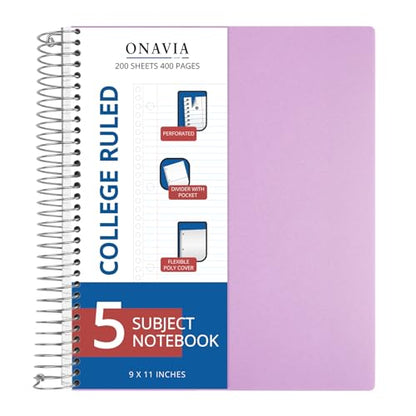 ONAVIA 5 Subject Spiral Notebook College Ruled, 400 Pages, Purple | 200 Sheets, 9 x 11 in, 6 Pack Waterproof Plastic Cover, Durable, School Notebooks, Classroom, Teachers - color: Purple
