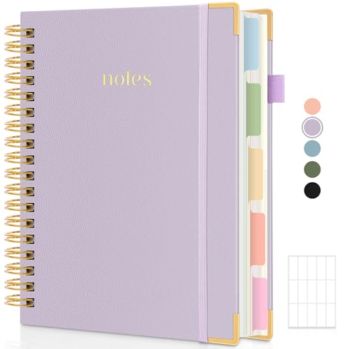 SKYDUE 5 Subject Notebook with Dividers and Tabs, 8" x 10" College Ruled Notebook for Work, 300 Pages Spiral Journal for Women, Purple - color: Purple