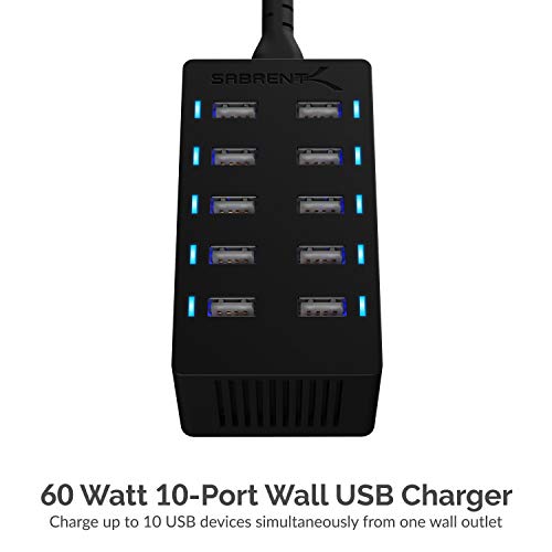 Sabrent 60 Watt (12 Amp) 10-Port [UL Certified] Family-Sized Desktop USB Rapid Charger. Smart USB Ports with Auto Detect Technology [Black] (AX-TPCS) - size: 10-Port