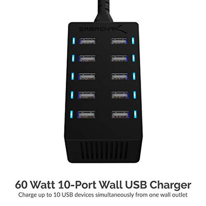 Sabrent 60 Watt (12 Amp) 10-Port [UL Certified] Family-Sized Desktop USB Rapid Charger. Smart USB Ports with Auto Detect Technology [Black] (AX-TPCS) - size: 10-Port