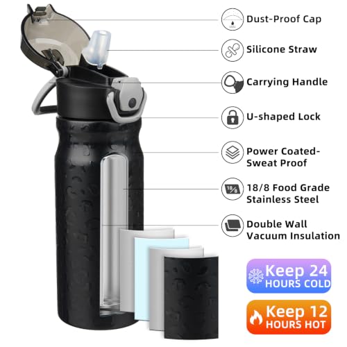 BJPKPK 18oz Insulated Water Bottle with Straw Stainless Steel Double Wall Water Bottles BPA Free Leak Proof Thermal Flask with Lockable Flip Lid and Soft Silicone Spout,Black Leopard - color: A-Black Leopard, size: 18 Ounces