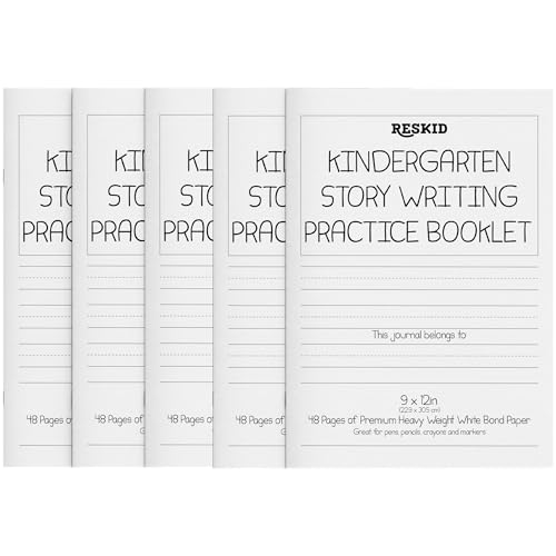 Reskid 5-Pack of 48-Page Kindergarten Story Writing Paper Booklets with Dotted Lines - 240 Pages of Blank Handwriting Practice Paper - Kindergarten Notebook, Elementary Lined Writing Paper - style: Kindergarten Story Writing